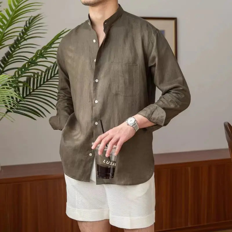 Camisa de Lino con Cuello Mandarín