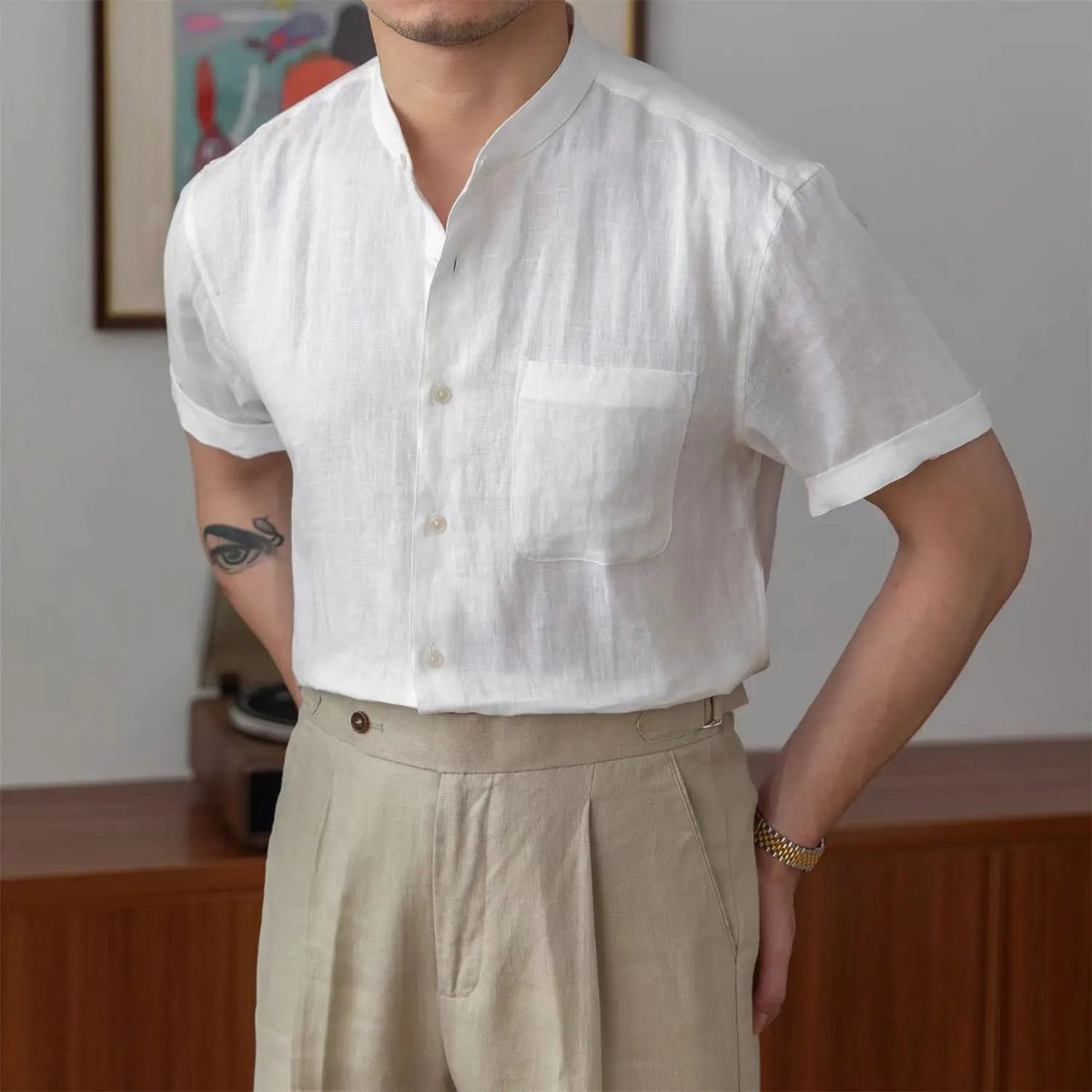 Camisa de Lino con Cuello Mandarín