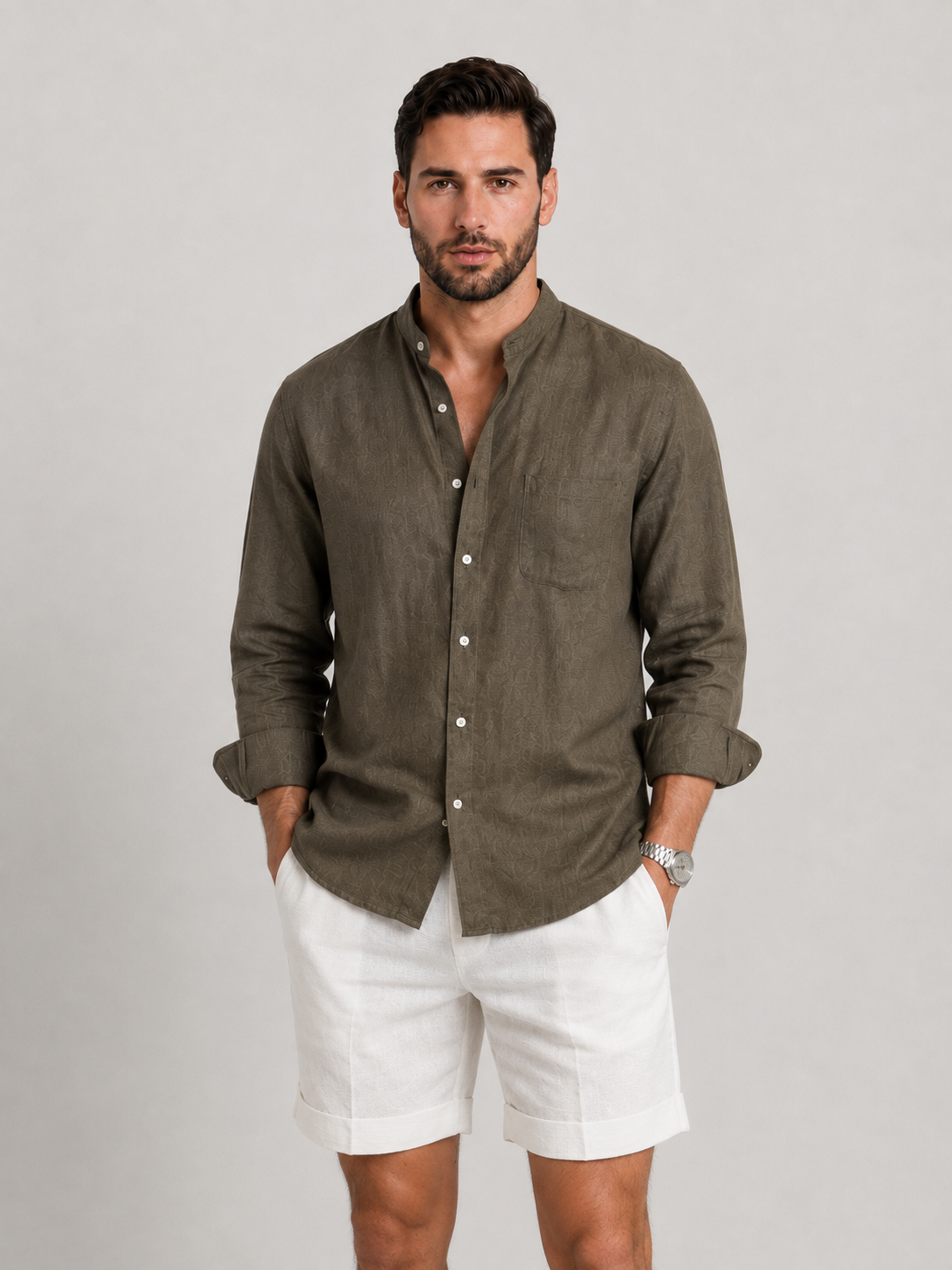 Camisa de Lino con Cuello Mandarín
