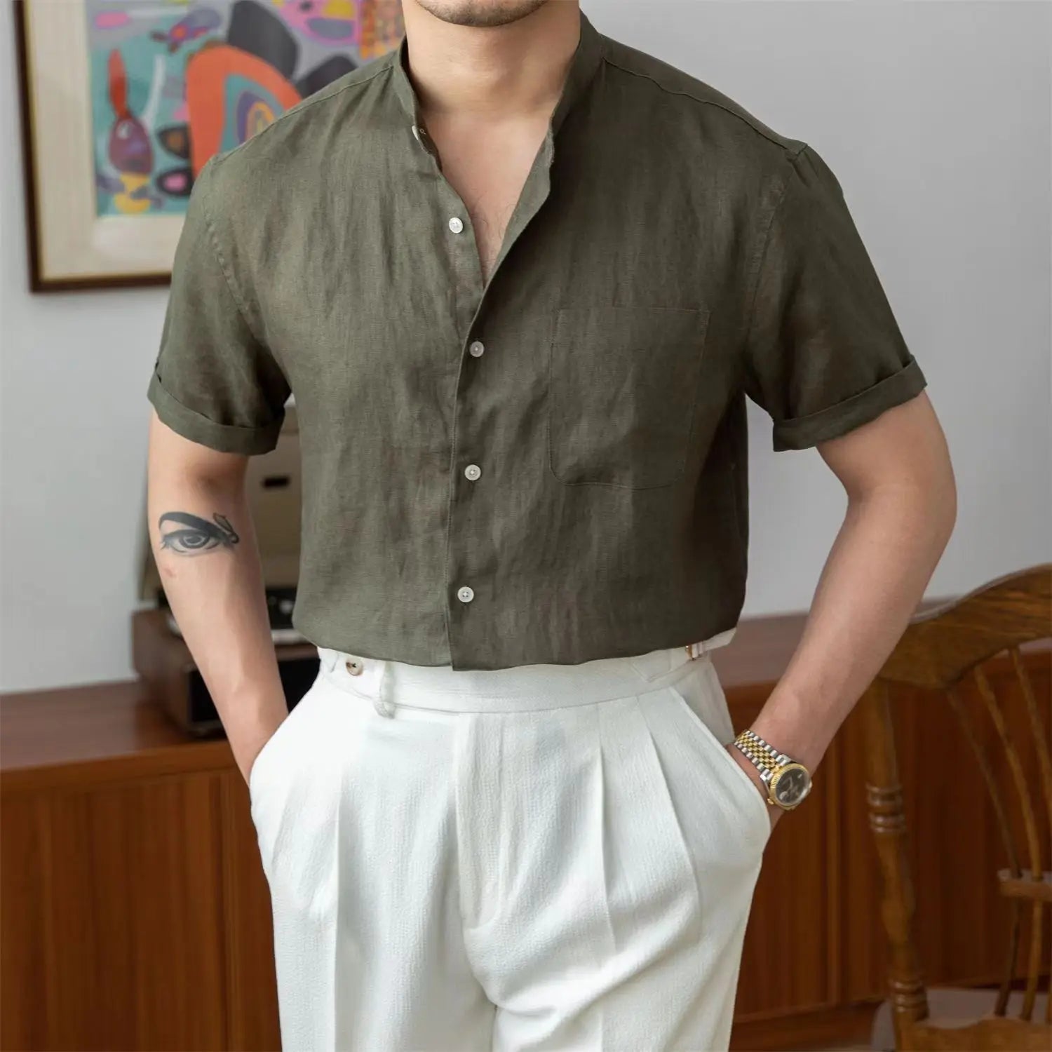 Camisa de Lino con Cuello Mandarín